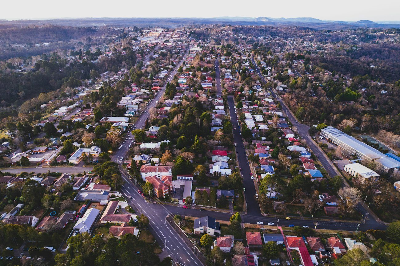 An aerial view of Katoomba streets and surrounding woodland