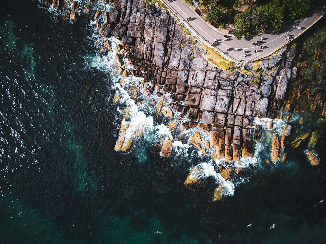 Waves breaking below a coastal road and rock shelves at Manly