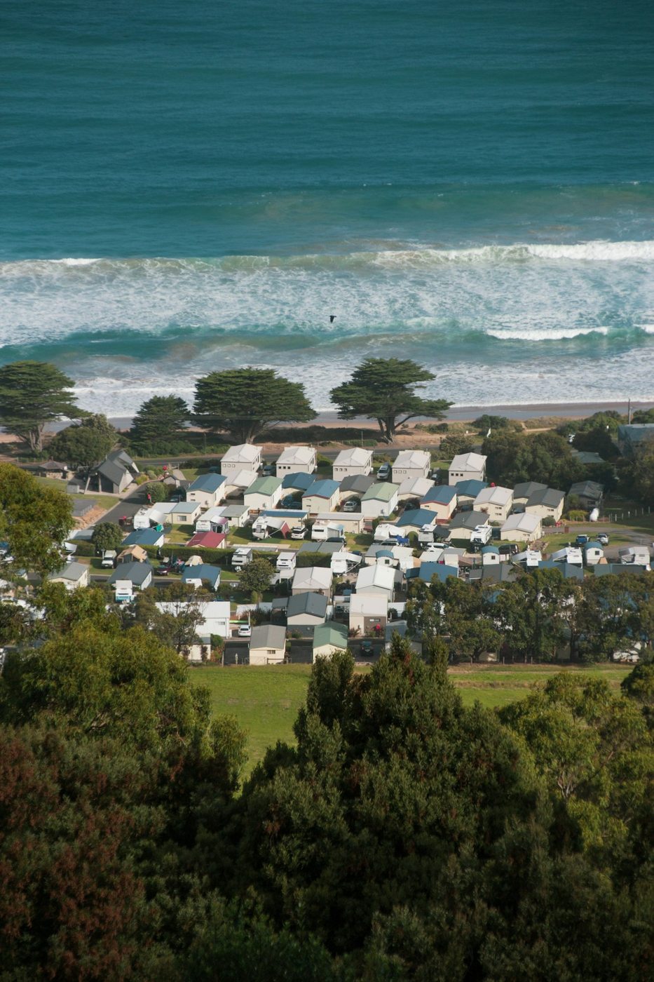 Apollo Bay houses between wooded hills and the sea