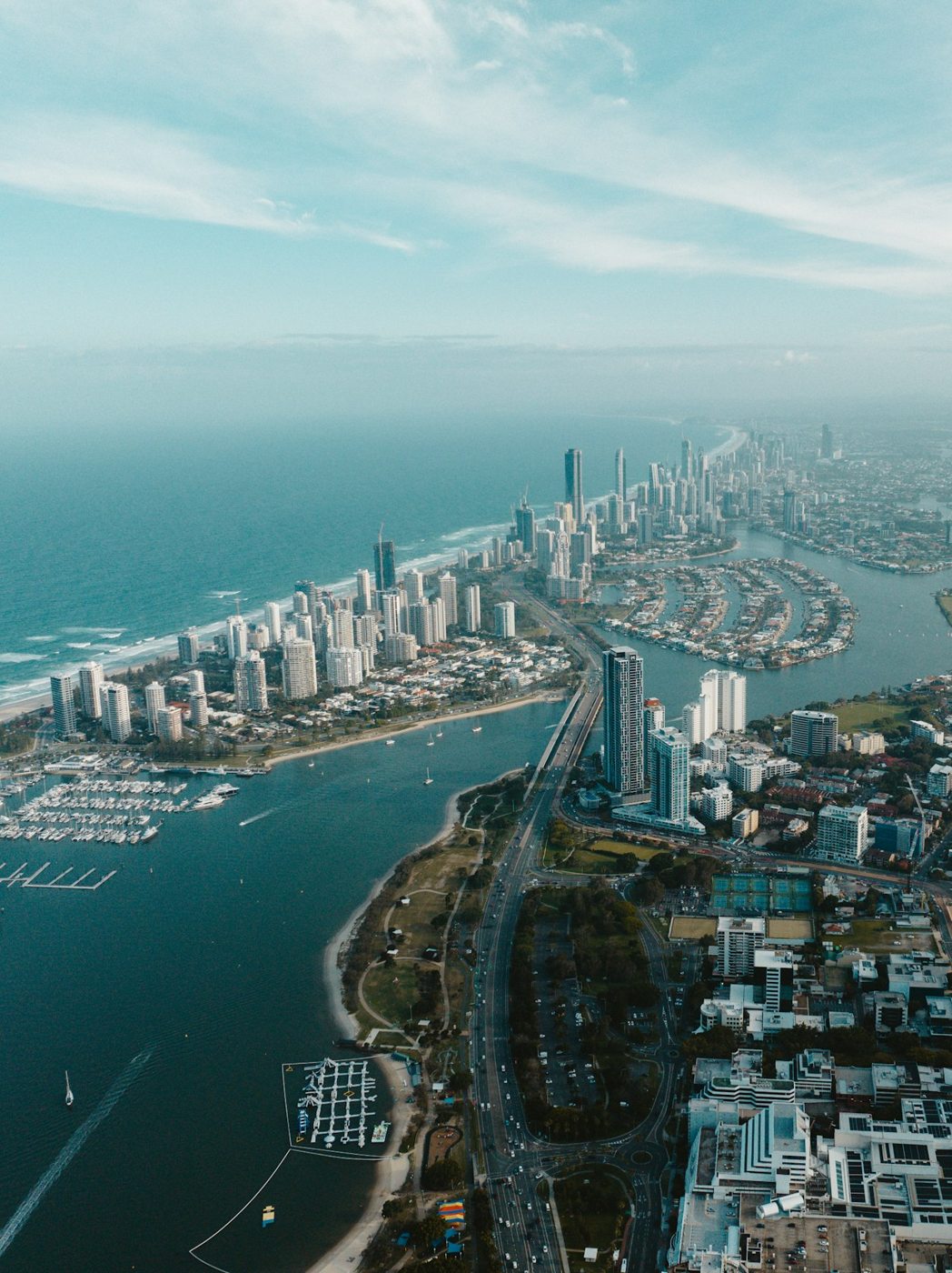 Gold Coast towers, waterways and the ocean from above