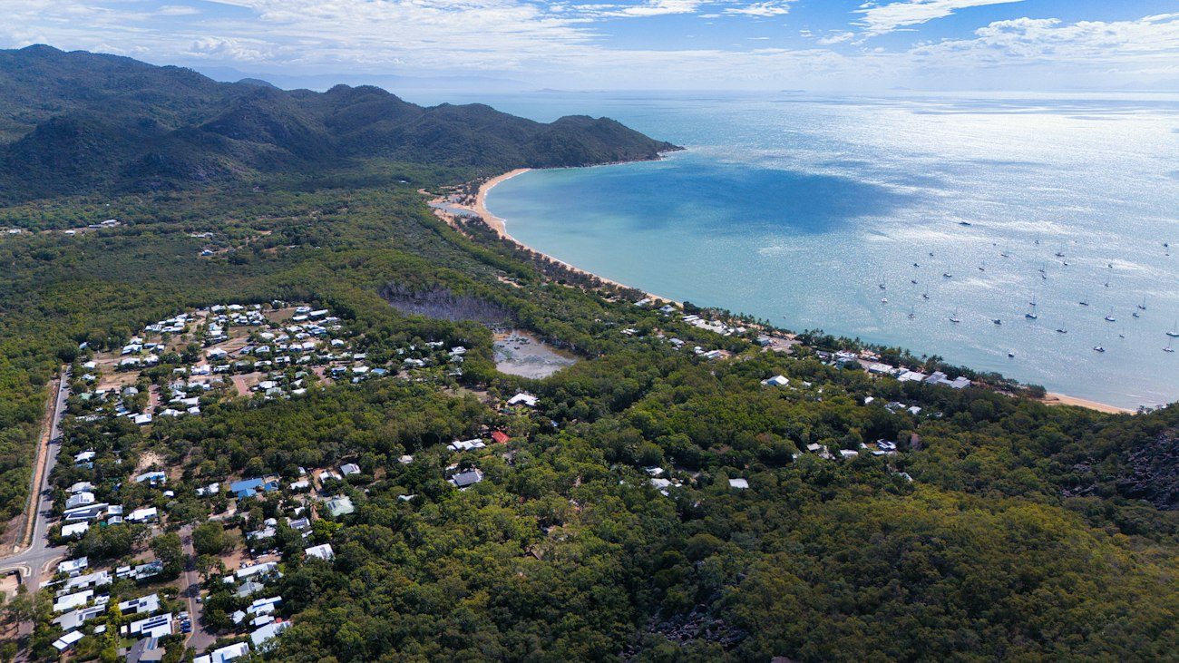 A Magnetic Island bay and neighbourhoods seen from above