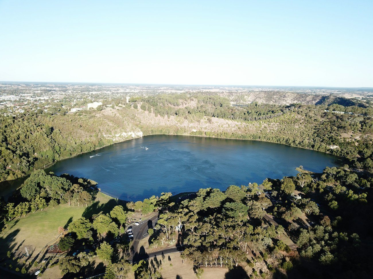 Mount Gambier's Blue Lake and surrounding town from above