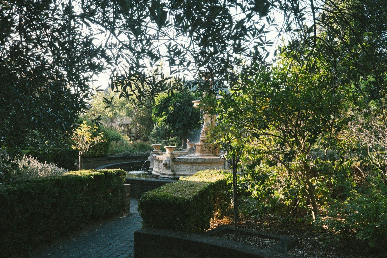 A fountain and garden paths in Launceston