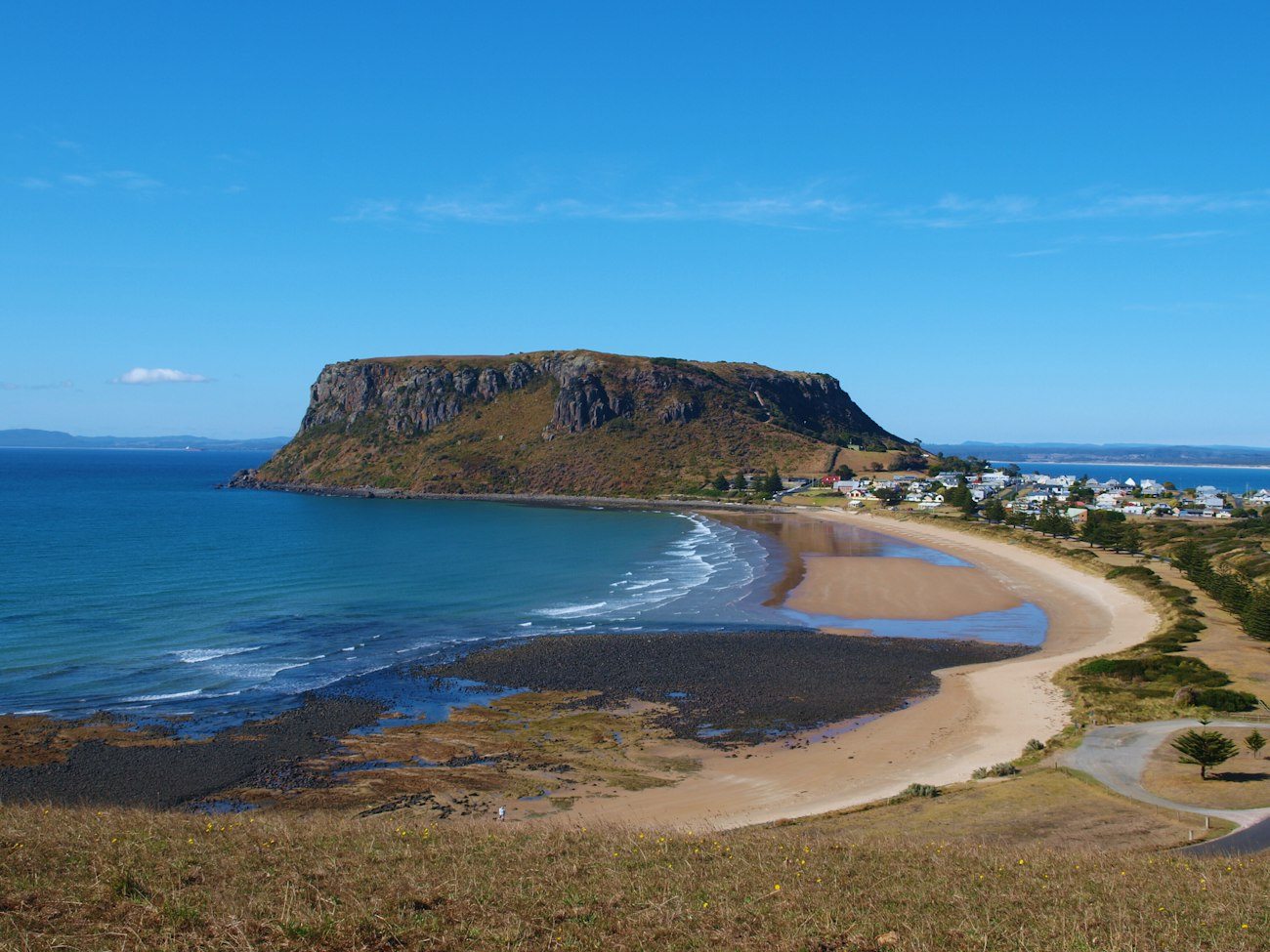 The Nut rising above Stanley's curved shoreline